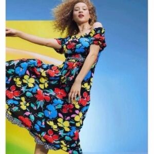 RIXO Black Off The Shoulder Floral Print Midi Dress Flowy Summer/Spring